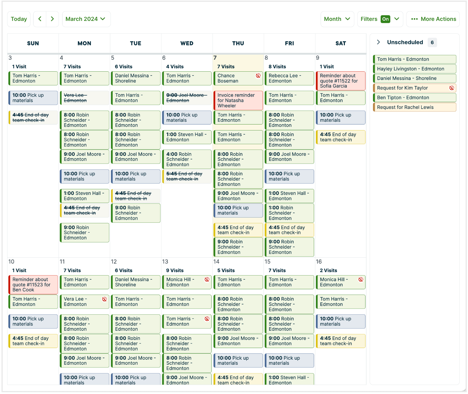 Jobber team schedule and monthly calendar view