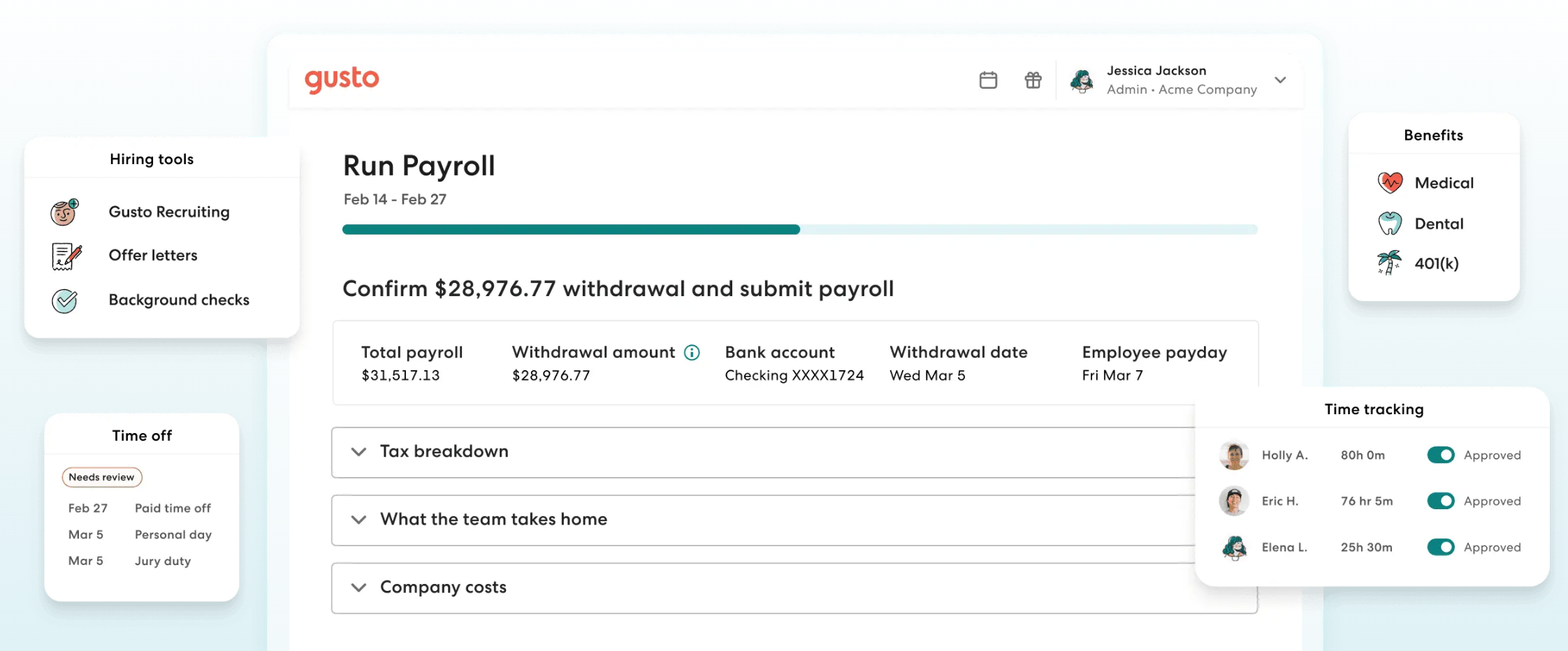 Gusto payroll dashboard with employee run overview